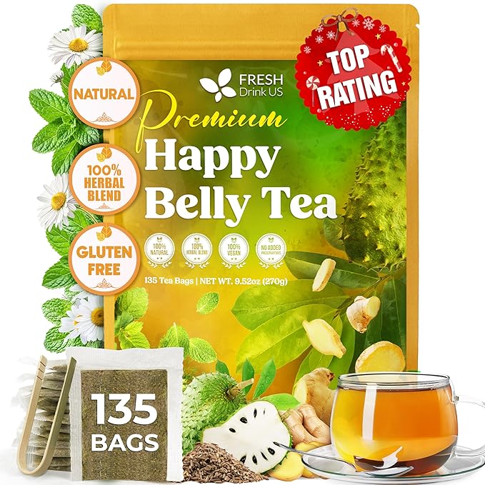 FreshDrinkUS, Premium Happy Belly Tea | 135 Tea Bags | Herbal Tea Blend with Soursop Leaves, Ginger, Fennel Seed, Lemon Balm, Cinnamon, Papaya Leaves & Rose Hip – Naturally Caffeine Free. Sugar Free