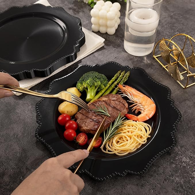 COLOSUS 60pcs Black Plastic Party Dinner Plates - 9.5 Inch- Heavy Duty Disposable Plastic Dinner Plates for Party Wedding Birthday and Everyday Use