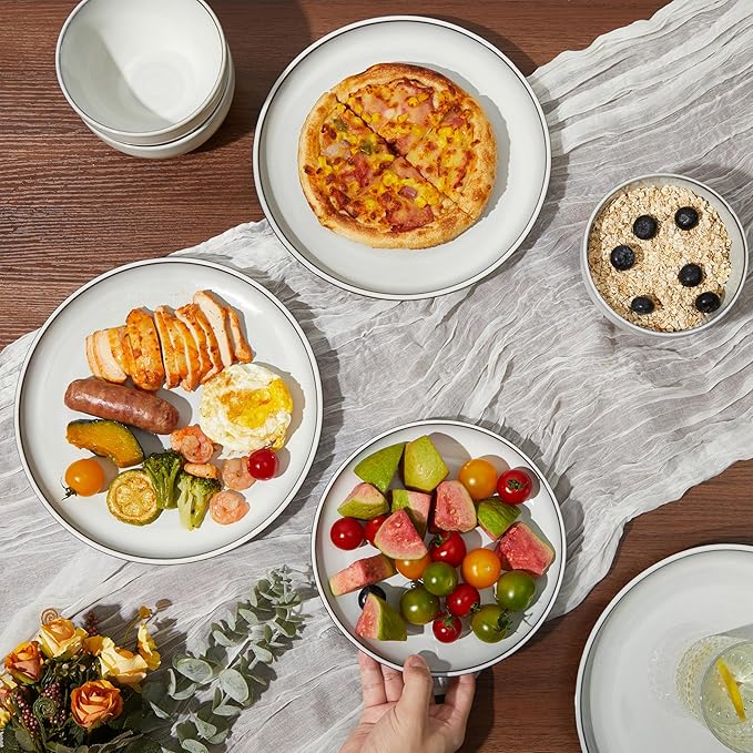 Pokini 10 Inch Ceramic Plates, White Dinner Plate Set for Dessert Pizza Steak, Terracotta Kitchen Stoneware Serving Dishes Set, Dishwasher & Microwave Safe, Scratch Resistant