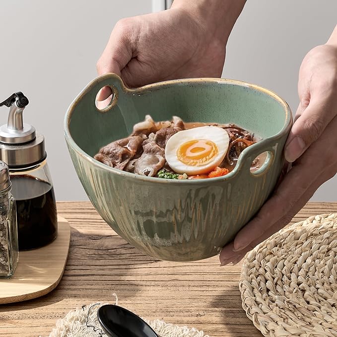 Ramen Bowl with Chopsticks and Spoons Set, 7 Inch Ceramic Noodle Bowl Set of 2, Dishwasher Safe for Pho Udon Soba Noodle Salad Pasta, Special Reactive Wild Sage Earth Bowls Set