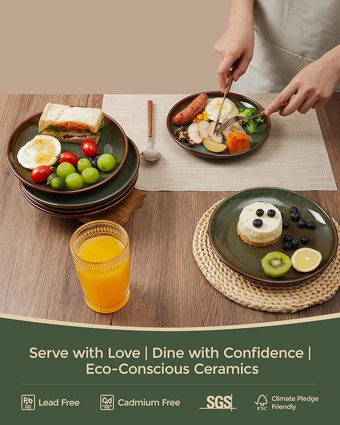 Pokini Ceramic Salad Plates Set of 6, 8.0 Inch Reactive Glaze Dish Set, Small Dinner Plate for Dessert, Salad, Appetizer, Microwave & Dishwasher Safe, Scratch Resistant-Brown and Green