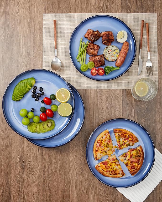 Pokini Dinner Plates for 6, 10 Inches Plate Set, Scratch Resistant, Large Stoneware Dinnerware, Kitchen Modern Rustic Serving Dishes, Light Blue