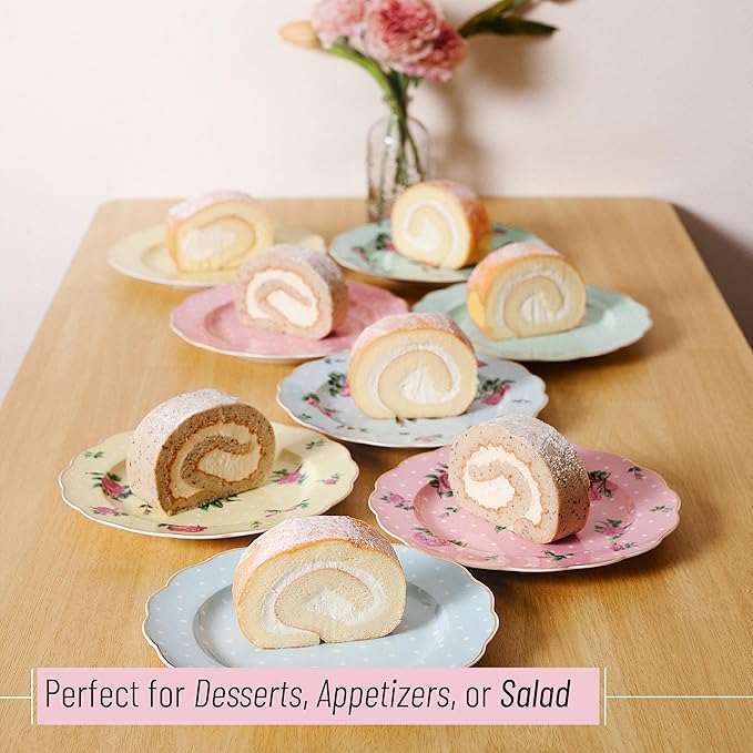 BTaT- Porcelain Floral Plates Set of 8, 8 Inch, Assorted Pastel Colors with Golden Rim, Floral Dessert Plates, Spring Dinnerware, Dishwasher & Freezer Safe