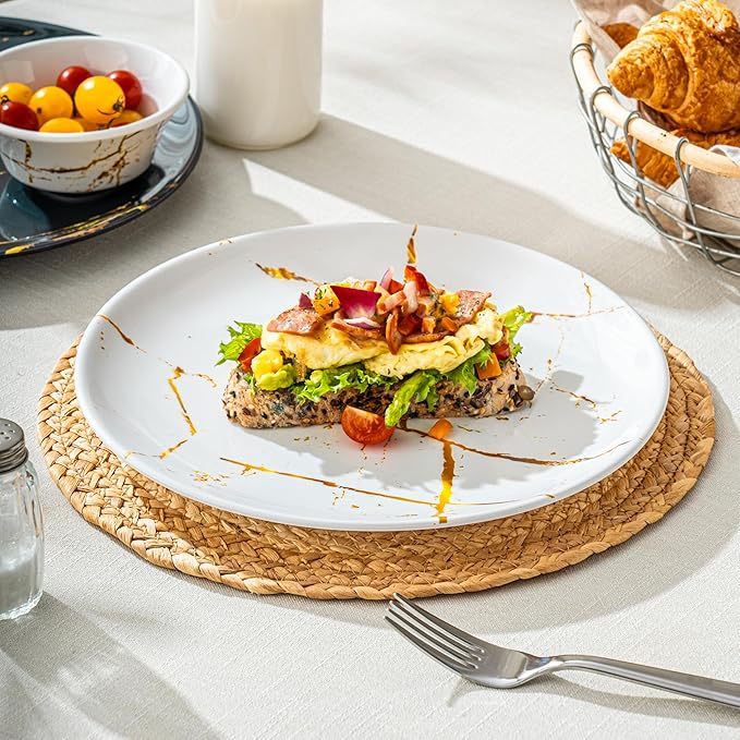 UNK U 10.5-Inch Marble Melamine Plates Set of 6, Black and White Marble Dinner Plates with Gold Accents, Dishwasher Safe Modern Plates for Wedding Dining & Special Events