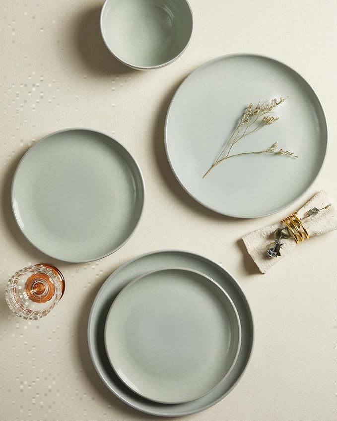 Pokini 24 Piece Dinnerware Set for 8, Santorini Mist Terracotta Plates and Bowls Sets, Complete Stoneware Dish Set for Large Families and Entertaining, Microwave & Dishwasher Safe, Slate Green