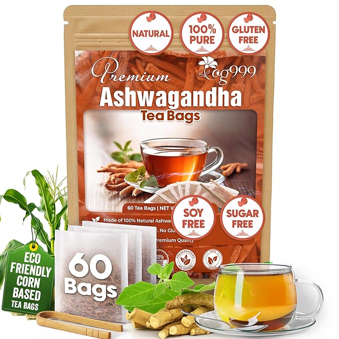 TOG999, Premium 60 Ashwagandha Root Tea Bags, 100% Natural & Pure, Ashwagandha Root Herbal Tea. No Sugar, No Caffeine, No Gluten, Vegan.
