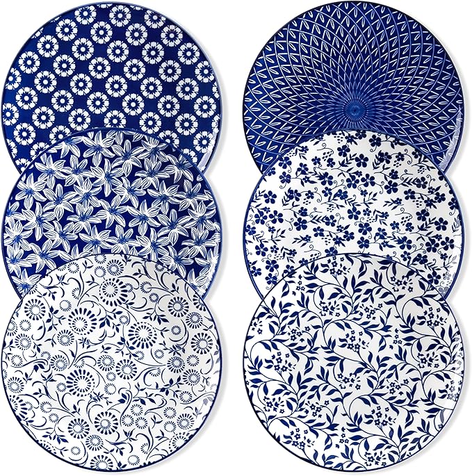 vancasso Ceramic Dinner Plates Set of 6, Large Vintage Plates 10.25 Inch Set of 6 for Kitchen, Porcelain Blue and White Plates for Kitchen, Microwave Oven Dishwasher Safe, Vintage Gift, Blue