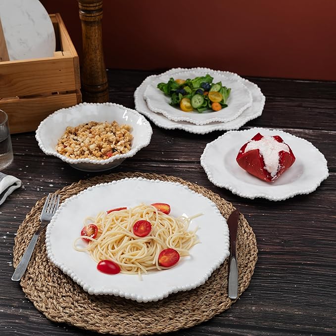 Cream Beaded Dinner Plate Set, 11-inch Chip Resistant, Lightweight Round Kitchen Plates Set for Salad, Pasta –Unbreakable RV, Camping Dining Serving Dishes for Parties