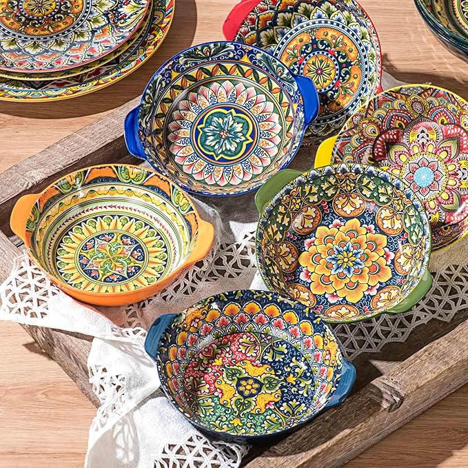 Henten Home Ceramic Soup Bowls Set, 14 oz Cereal Bowl Set of 6, Small Dessert Bowls with Handle, Boho Serving Bowls Set for Kitchen, Snack, Salad, Microwave & Dishwasher Safe
