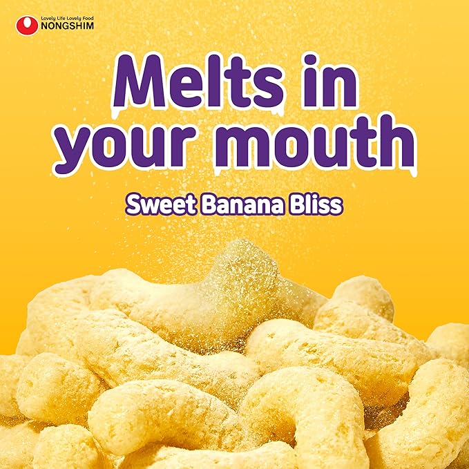 Nongshim Banana Kick Puff Snack - Crispy Corn Puff with Banana Flavor, Soft and Sweet Fruit Snack for All Ages, K-Pop Favorite Korean Treat, 1.58 oz (Pack of 20)