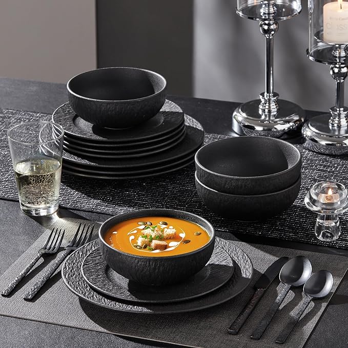 KINGSTONE Black Dinnerware Sets, 18-Piece Matte Marble Pattern Premium Porcelain, Place Setting with Dinner Plate, Salad Plate, Pasta Bowl, Microwave and Dishwasher Safe