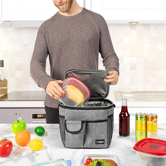 opux Insulated Lunch Box for Men Women Kids, Leakproof Reusable Lunch Bag Cooler for Work School Office, Soft Thermal Lunchbox Tote Shoulder Strap for Boys Girls Adults, Heather Gray, 18 Can/10L