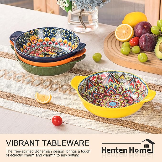 Henten Home Ceramic Cereal Bowls Set，25 oz Soup Bowls Set of 6, Colorful Serving Bowl with Handle for Kitchen, Microwave & Dishwasher Safe for Soup, Fruit, Pasta, Bohemian Style