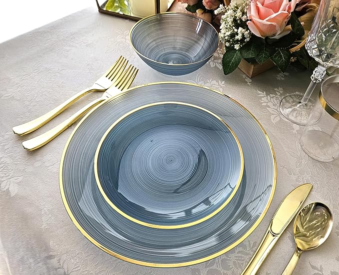 OCCASIONS 50 Plates (25 Guests) Blue and Gold Disposable Plastic Plates, Heavy Duty Elegant Fancy for Wedding Party - 25x10'' Dinner + 25x7'' Salad & Dessert - BPA Free, Belize in Blue & Gold