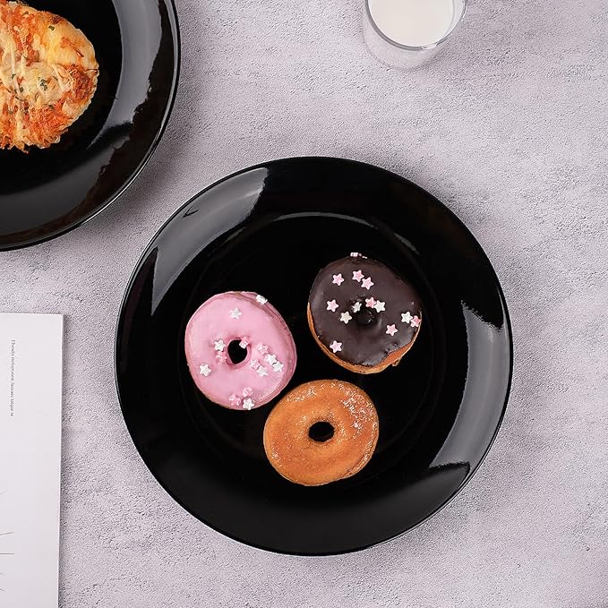 DELLING 10 Inch Black Dinner Plates Set of 4, Porcelain Round Plates - Microwave & Dishwasher Safe, Chip Resistant - Modern Matte Black Plates for Everyday Dining & Entertaining