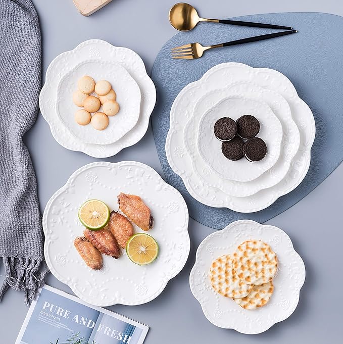CLAY TONIC 10 In Embossed Lace White Porcelain Plate-Dinner Plate Set, Pasta/Salad/Dessert Plate Tableware Set for Restaurant Family Party Kitchen Use -4 Plates, CL-PL015 (10 Inche, White)