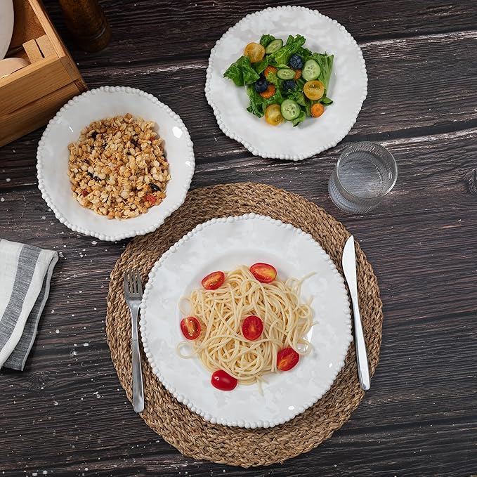 Cream Beaded Dinner Plate Set, 11-inch Chip Resistant, Lightweight Round Kitchen Plates Set for Salad, Pasta –Unbreakable RV, Camping Dining Serving Dishes for Parties
