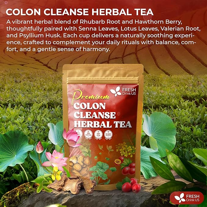 FreshDrinkUS, Premium Colon Cleanse Tea – 135 Tea Bags – Rhubarb Root & Hawthorn Berry with Senna, Lotus Leaf, Valerian Root & Psyllium Husk – Herbal Blend, Caffeine-Free. Vegan