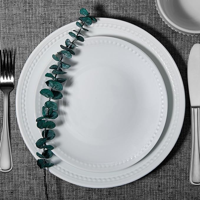 Everyday White Beaded Coupe Set of 4 Dinner Plates, 10.5 inch