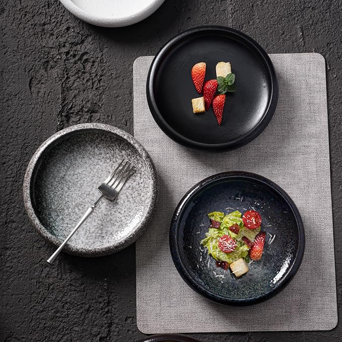 Uaral Japanese Salad Plate,8 Inch Black Plates and Bowls Set,Stoneware Pasta Bowl Set of 2,20 oz(Texture Matte Black)