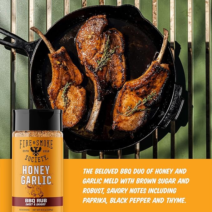 Fire & Smoke Society Honey Garlic BBQ Rub | Seasonings and Rubs for Smoking and Grilling | Pulled Pork Ribs Chicken, Burgers, Dry BBQ Rubs Spices | Honey Garlic, Brown | M 6.5 oz