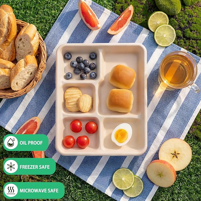 WELLIFE 125 Pack Kids Small 5-Compartment Paper Plates, 10.25x8.25 Inch 100% Compostable Divided Plates, Disposable School Lunch Trays, Eco-Friendly Bagasse Plate for Boys Girls and Youth (BPA Free)