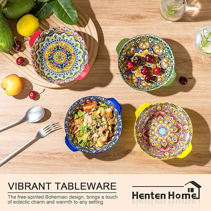 Henten Home Ceramic Soup Bowls Set, 14 oz Cereal Bowl Set of 6, Small Dessert Bowls with Handle, Boho Serving Bowls Set for Kitchen, Snack, Salad, Microwave & Dishwasher Safe