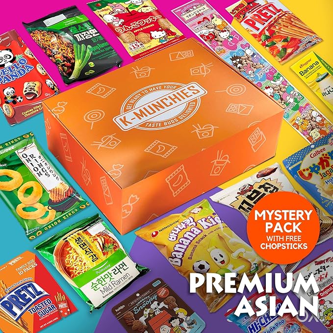 K-Munchies Asian Snacks Box - Snacks Variety Pack for Adults and Kids with Candy, Chips, Ramen, and Other Instant Food - Mystery Snack Box Treats for Family - With Free Chopsticks