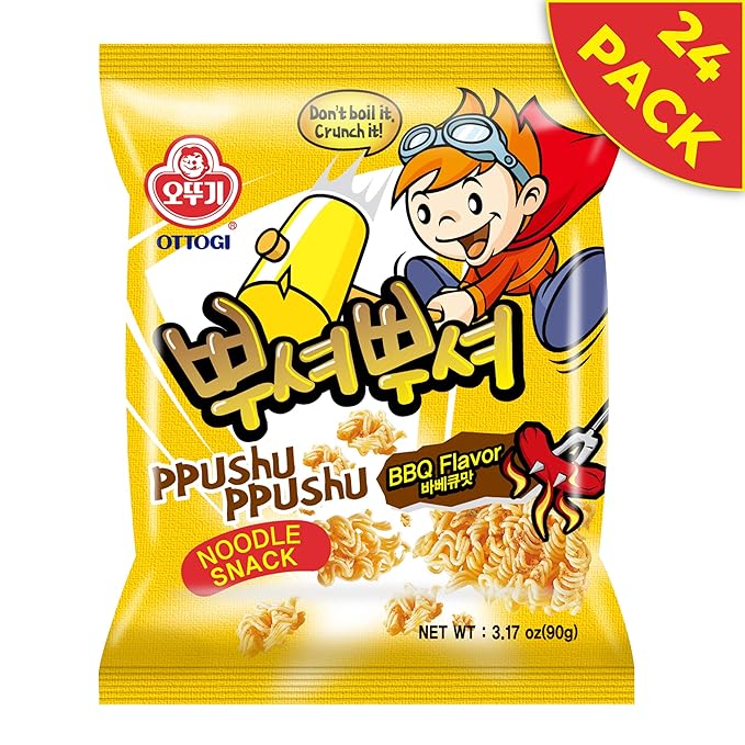 OTOKI Ppushu Ppushu Noodle Snack BBQ Flavor, Korean Ramen Snack, Crush to Eat, 90g, 24 Pack
