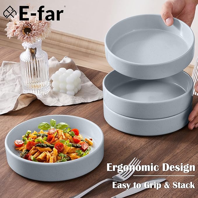 E-far Pasta Bowls Set of 4, 35oz Ceramic Large Salad Bowl Plates for Serving Soup Dinner, Shallow Stoneware Pasta Plate, Microwave & Dishwasher Safe, Speckled Gray