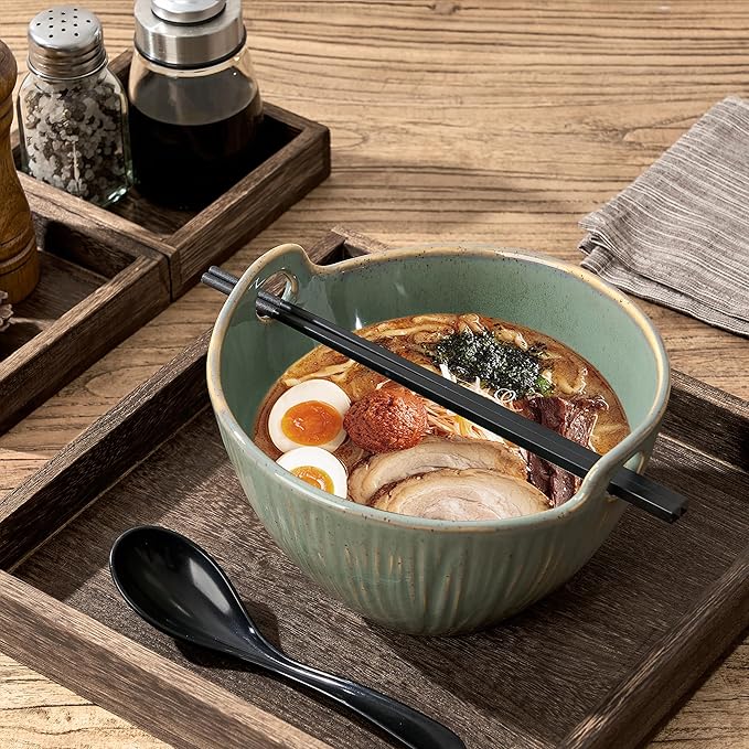 Ramen Bowl with Chopsticks and Spoons Set, 7 Inch Ceramic Noodle Bowl Set of 2, Dishwasher Safe for Pho Udon Soba Noodle Salad Pasta, Special Reactive Wild Sage Earth Bowls Set