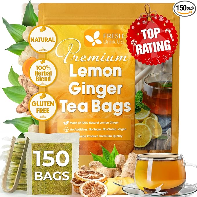FreshDrinkUS, Premium 150 Lemon Ginger Tea Bags, 100% Natural Ingredients, Hand-made Blend of Lemon and Ginger, Eco-conscious Tea Bags. No Sugar, No Caffeine, Vegan.