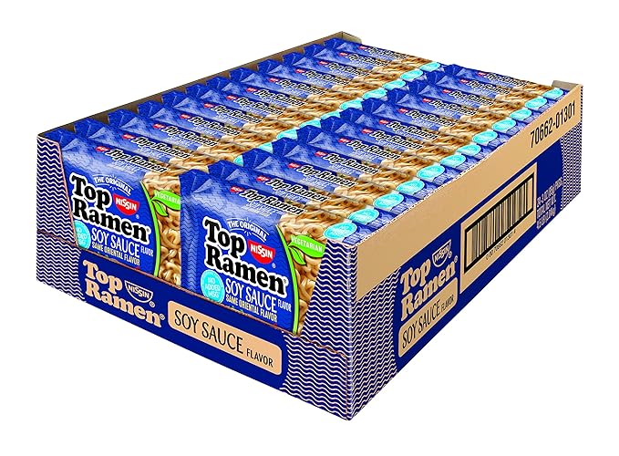 Nissin Top Ramen Noodle Soup, Soy Sauce, 3 Ounce (Pack of 48)