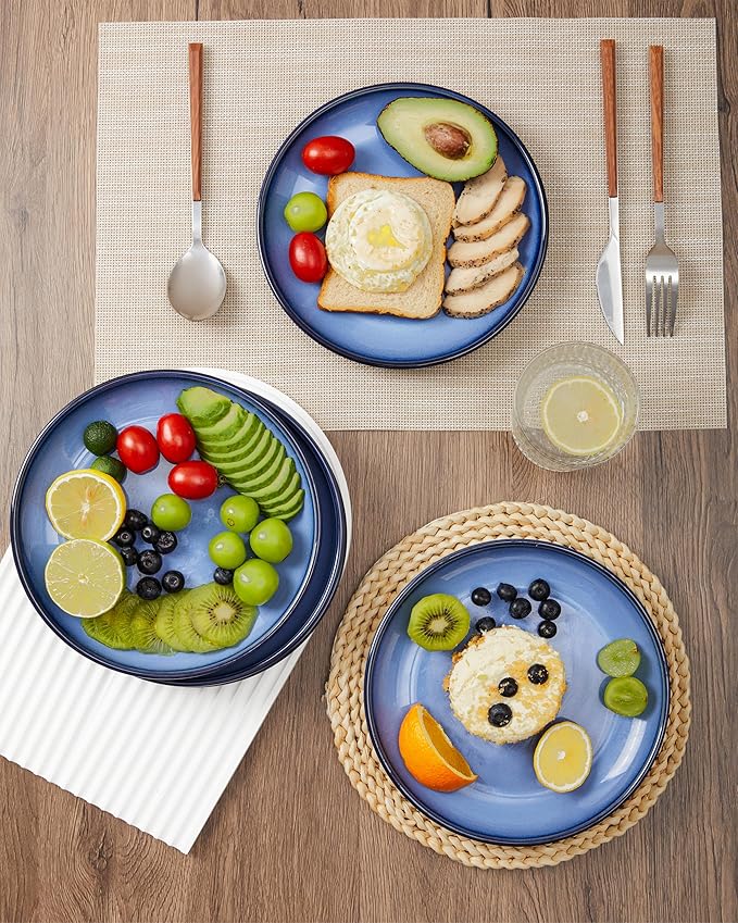 Pokini Ceramic Plates Set of 6, 8.0 Inch Reactive Glaze Dessert Plates, Modern Dinnerware Dishes Set for Kitchen, Microwave & Dishwasher Safe, Scratch Resistant-Light Blue