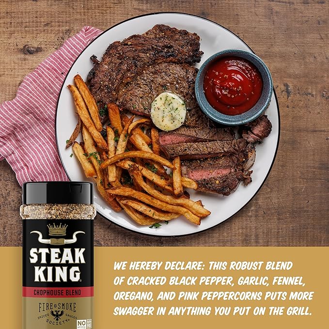 Fire & Smoke Society Steak King Steak Seasoning | BBQ Rubs for Smoking and Grilling Meat | Filet Mignon, Ribeye, Beef, Lamb and Burgers | BBQ Rubs and Spices | Black pepper, Fennel, Oregano, Pink Peppercorns | XL 11.5 oz