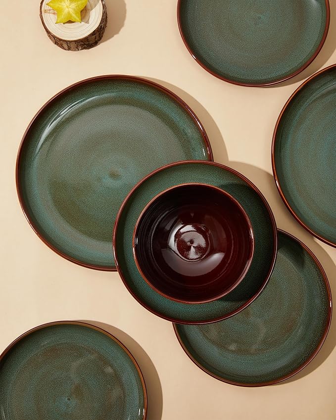 Pokini Stoneware Dinner Plates Set of 6, Ceramic Plates With Lipped Edges, Microwave/Dishwasher Safe, Modern Rustic Dinnerware, Kitchen Reactive Glaze Serving Dishes, Brown Green