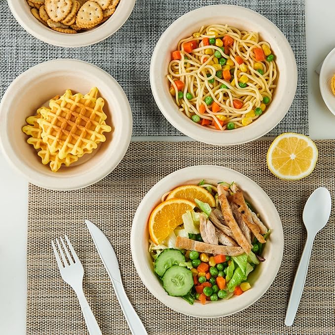 ECOLipak 150 Pack Compostable Disposable Paper Bowls, 16 OZ Bagasse Heavy duty Biodegradable Eco Friendly Sugarcane Soup Bowls for Salad Dessert(Nature)