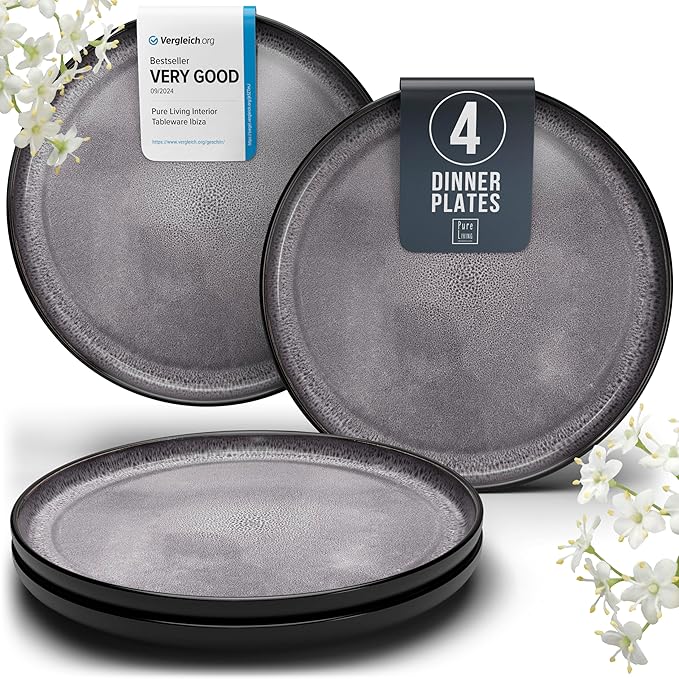 PURE LIVING INTERIOR DESIGN 4 Pcs Stoneware Dinner Plates Set - 10.2" Large Dinner Plates, Dishwasher & Microwave Safe, Scratch Resistant Stylish Plates Set of 4, Dark Gray