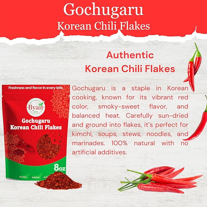 Byait Gochugaru Korean Chili Flakes 8 Oz, Medium Hot, 100% Pure Red Chili Pepper Flakes for Authentic Korean Cooking, Kimchi, Chili Oil, and Seasoning