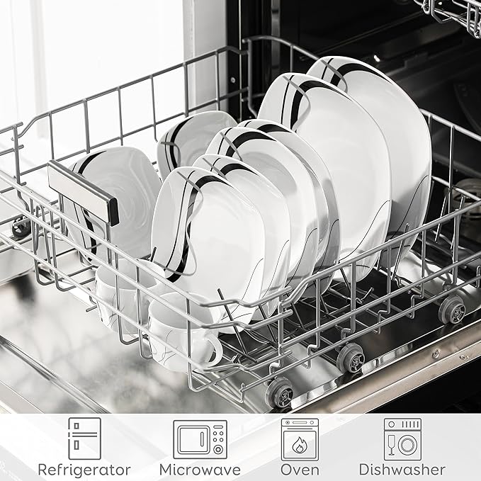VEWEET, Series Fiona, 30-Piece Dinnerware Sets for 6, White Dishes Set with Black and Gray Stripes, Porcelain Dinner Set Including Dessert Plates, Soup Plates, Dinner Plates, Cups & Saucers