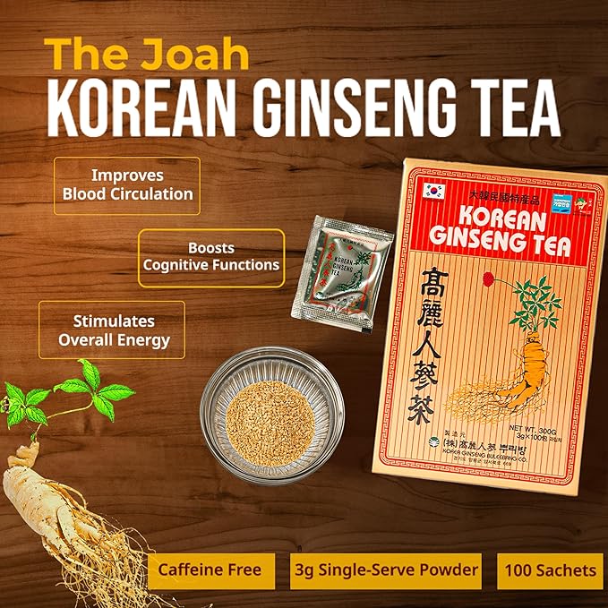 Korean Ginseng Tea - Caffeine Free, 3g Single-Serve Powder 100 Sachets, Improves Blood Circulation, Intellectual Performances and Memory, stimulates Energy