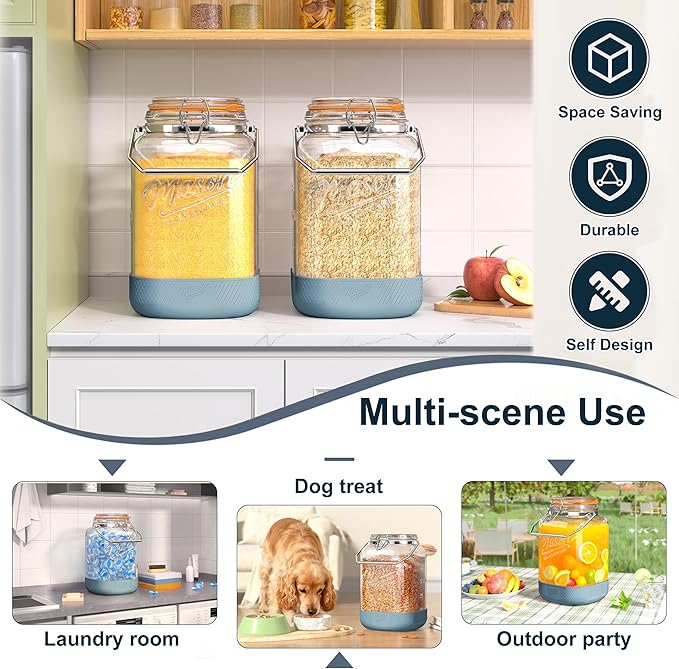 2 Pack 1.5 Gallon Glass Jar With Airtight Lid, Square Large Mason Jars Wide Mouth with Scale Marks and Stainless Steel Handle-192 Oz Non-slip Glass Storage Containers for Flour Sugar Cookie