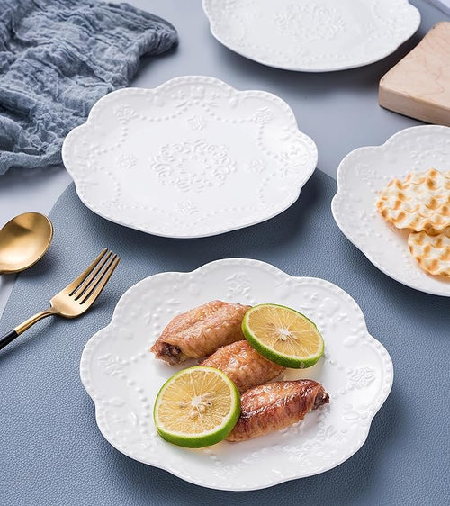 CLAY TONIC 8 In Embossed Lace White Porcelain Plate-Dinner Plate Set, Pasta/Salad/Dessert Plate Tableware Set for Restaurant Family Party Kitchen Use -4 Plates, CL-PL015 (8 Inche, White)