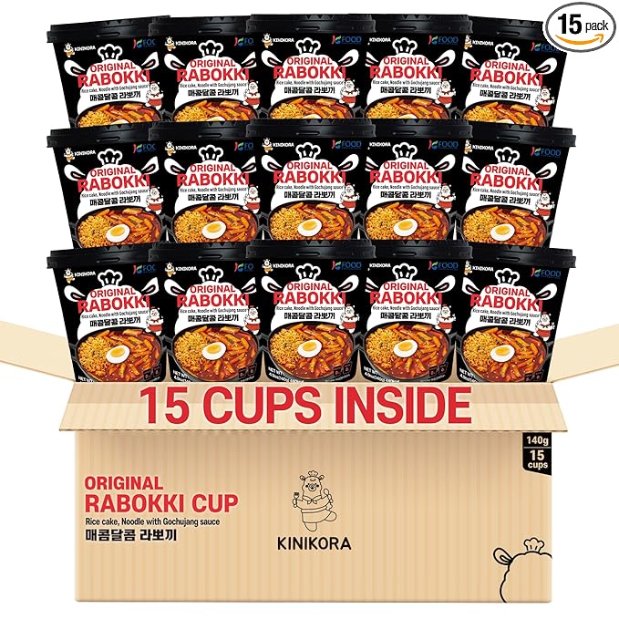 KINIKORA Premium Instant Rabokki Cup - Swicy Flavor, 15-Pack Box – Korean Ramen & Rice Cake (Tteokbokki), Quick & Easy Street Food, Ready in Minutes