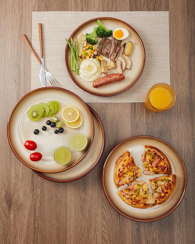 Pokini 10 Inch Dinner Plates Set of 6, Stoneware Round Salad Dessert Plates, Serving Plates, Microwave & Dishwasher Safe, Brown and Yellow