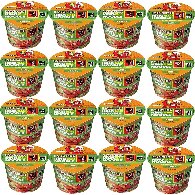 Paldo Fun & Yum Lime Lobster Instant Big Cup Noodles with Soup, Lime Lobster Seafood Flavor Based Broth, Best Oriental Style, Original Korean King Cup Ramyun 110g 3.88oz (Pack of 16)