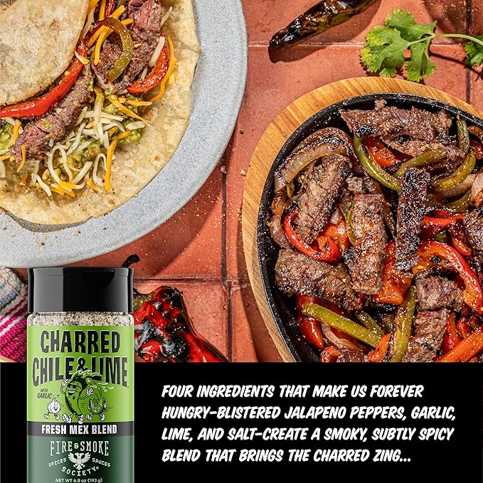 Fire & Smoke Society Charred Chile & Lime Mexican Seasoning | Jalapeno Peppers, Garlic, Salt and Lime | Grilled Chicken, Fish, Flank Steak, Shrimp, Potatoes, Avocados | M 6.8 oz