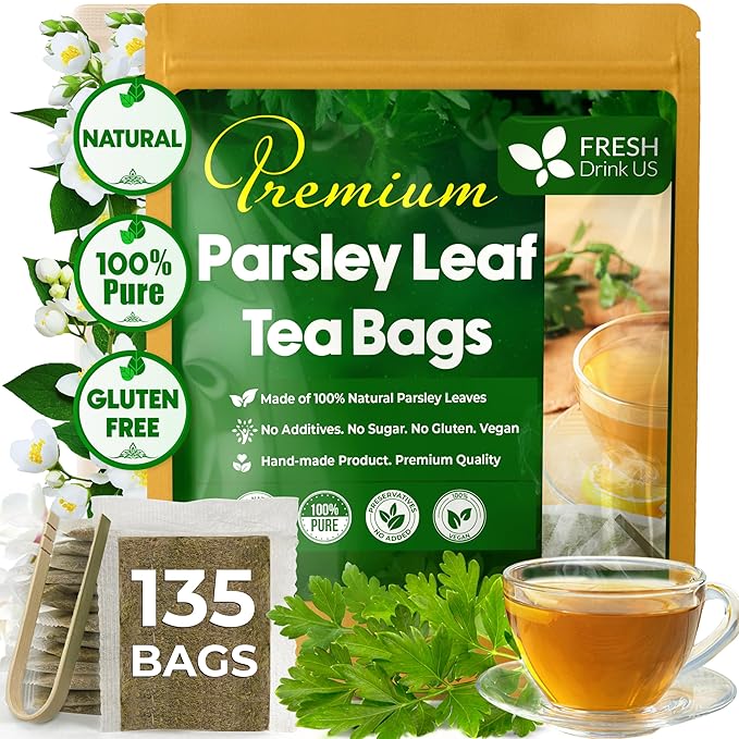 Premium 135 Parsley Leaf Tea Bags, 100% Natural & Pure from Parsley Leaves. Loose Leaf Parsley Herbal Tea. Parsley Leaf Tea. Made with Natural Material Tea Bags. No Sugar, No Caffeine, No Gluten, Vegan.