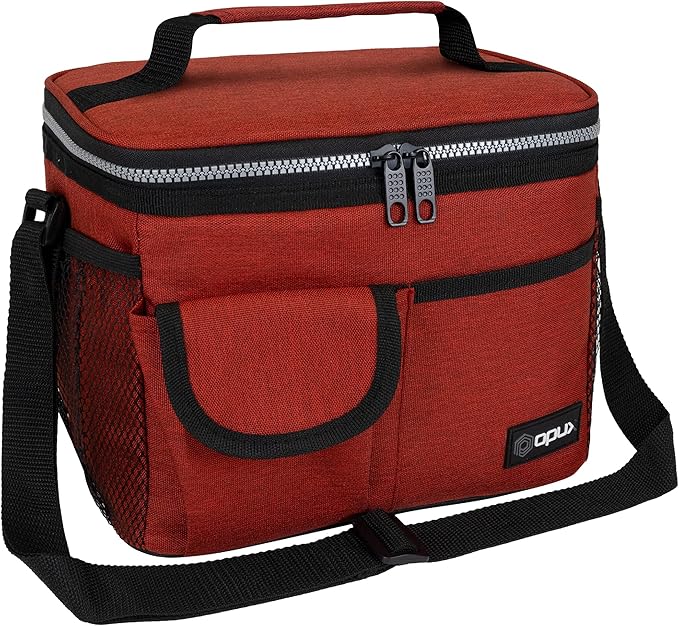 opux Insulated Lunch Box for Men Women Kids, Leakproof Reusable Lunch Bag Cooler for Work School Office, Soft Thermal Lunchbox Tote with Shoulder Strap for Boys Girls Adults, Heather Red, 14 Can/8L