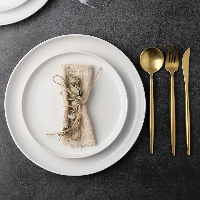 AmorArc Ceramic Dinner Plates Set of 6, Wavy Rim 10.25 Inch Stoneware Dish Set, Dinnerware Plates for Kitchen-Microwave&Dishwasher Safe, Scratch Resistant-Reactive Glaze Matte White